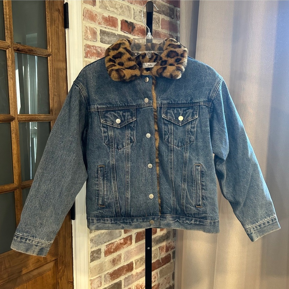 Adika Jean Jacket Women Blue Faux Fur Leopard Lined Animal Print Denim MobWife M